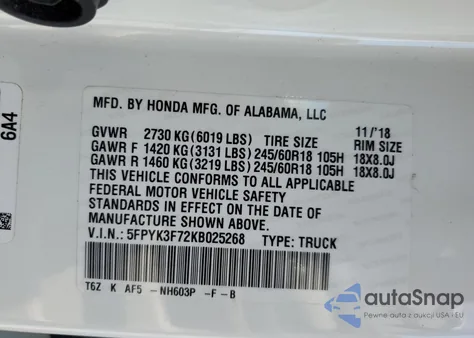 2019 Honda Ridgeline Rtl z USA, uszkodzony, nr VIN 5FPYK3F72KB025268